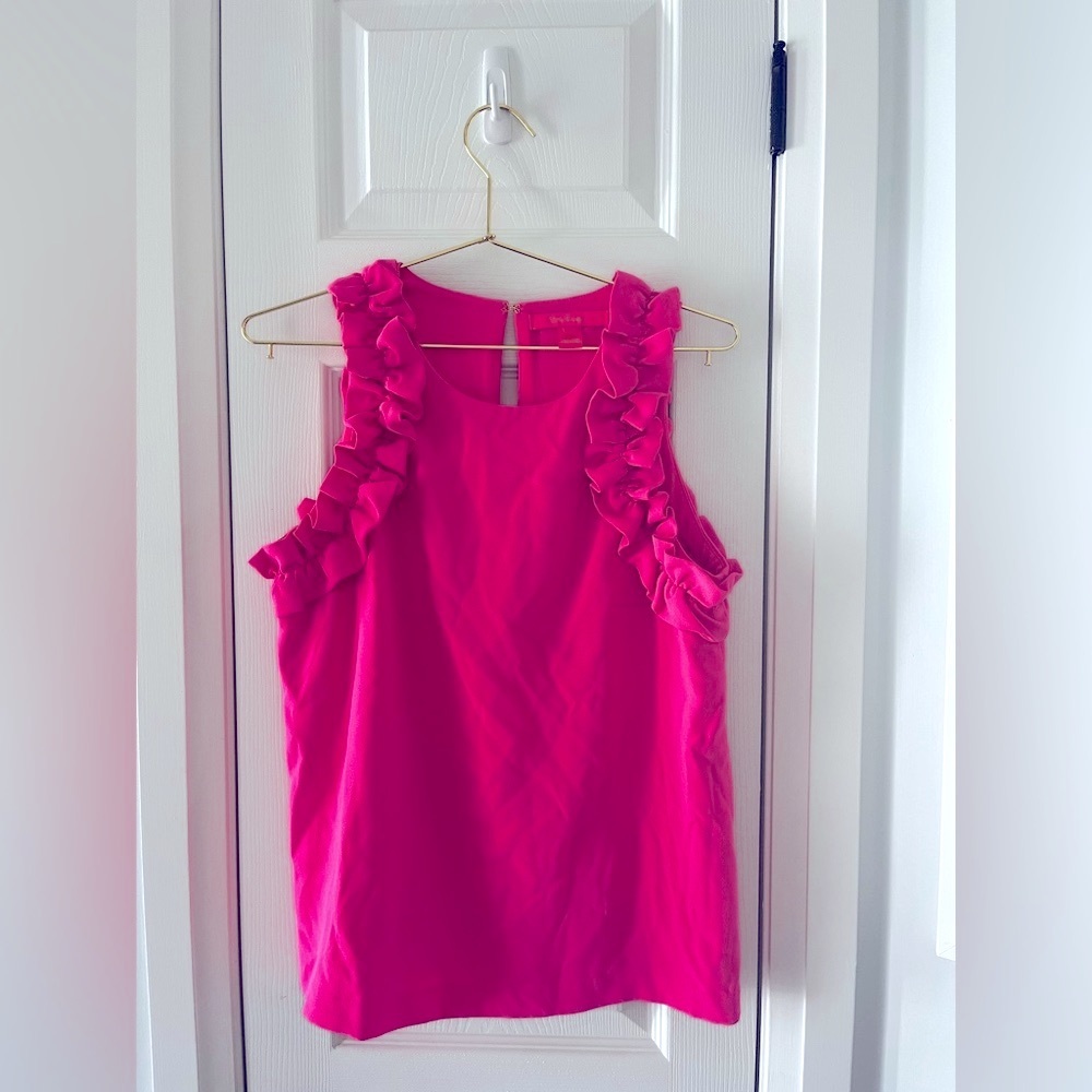 Lilly Pulitzer Hot Pink Ruffle Trim Sleeveless Top Keyhole Back XS